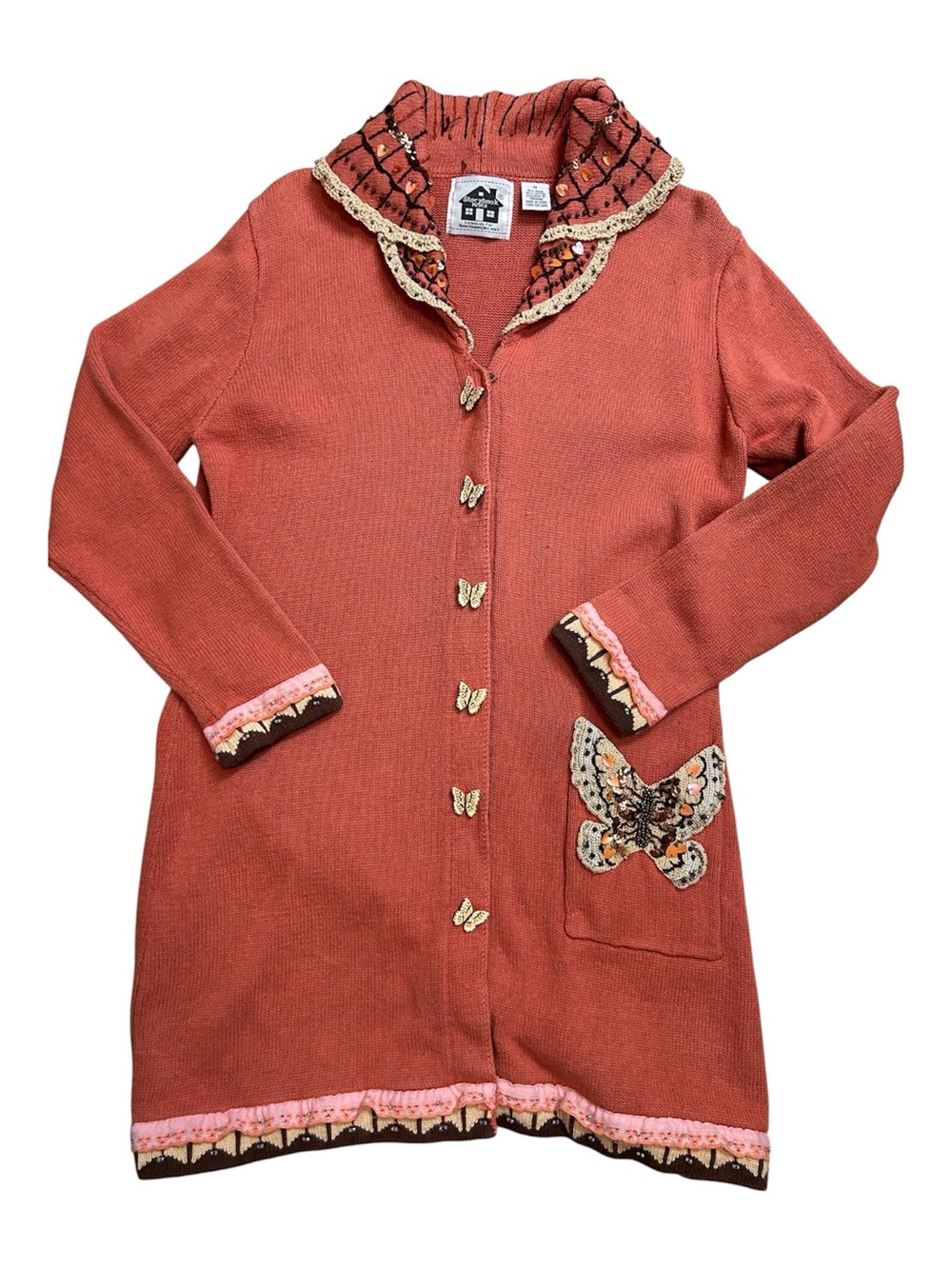 VTG Storybook Knits Coral Butterfly Beaded Long Duster Cardigan Sweater Medium